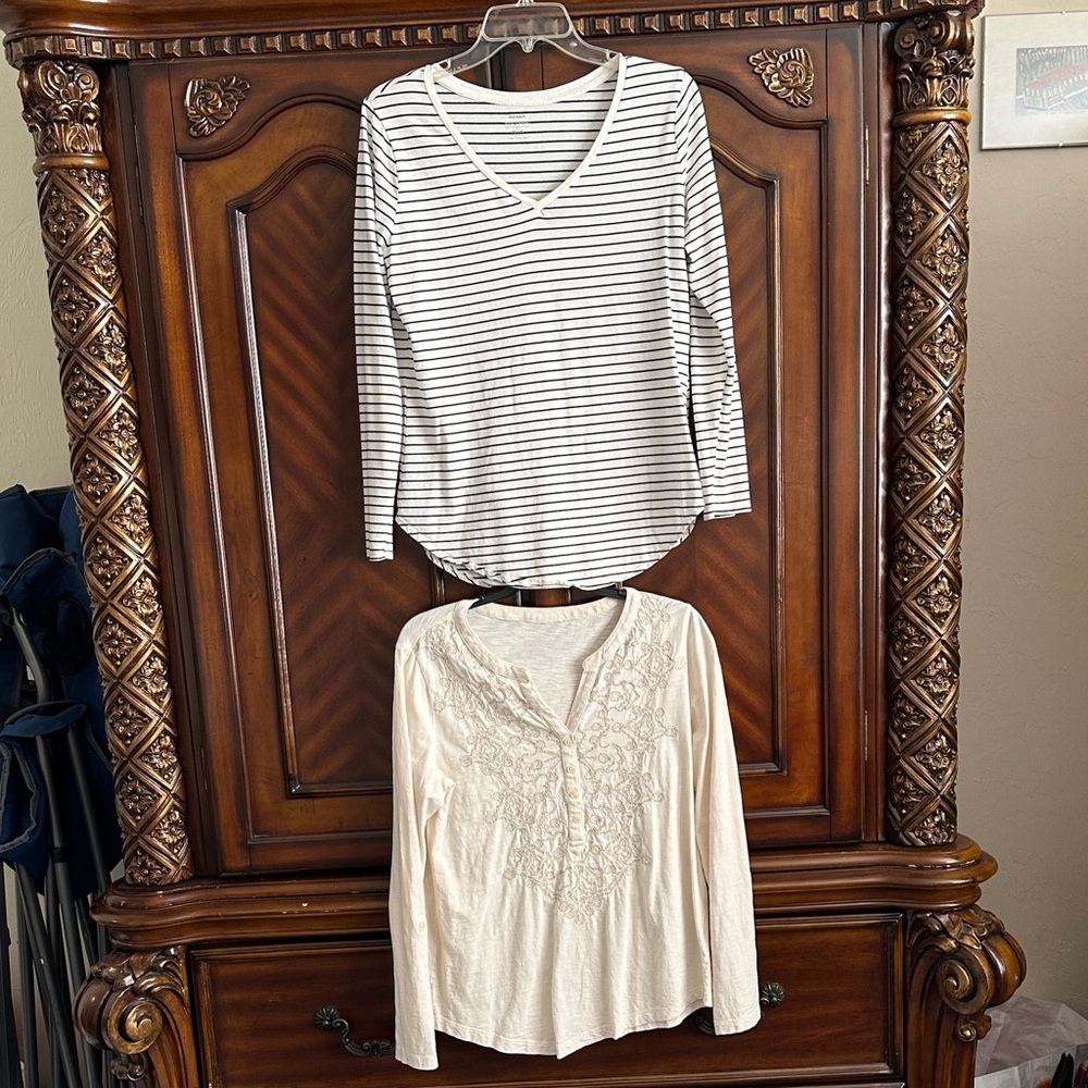Old Navy Black &White Striped V-Neck Top and Cream Embroidered Blouse - 2 for 1